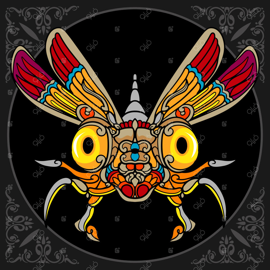 طرح زنتنگل سنجاقک رنگارنگ در پس‌زمینه مشکی