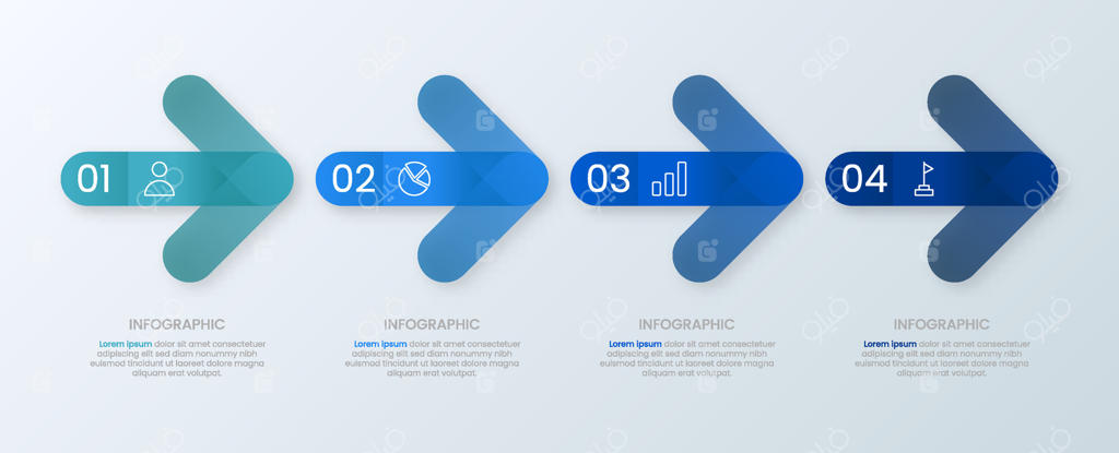 طراحی قالب اینفوگرافیک با فلش. نمایش فرآیند داده‌های کسب و کار با آیکون‌ها و خط زمانی.