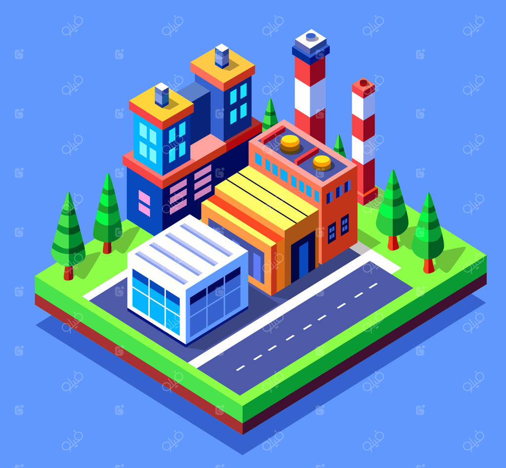 وکتور حرفه‌ای طراحی منظره شهر صنعتی ایزومتریک