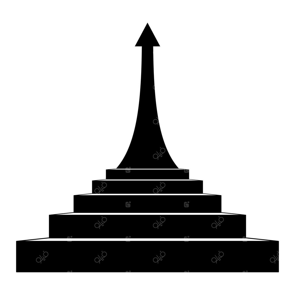 مراحل رشد با تصویر سایه پیکان رو به بالا. پلکانی چند سطحی که به یک پیکان بلند و منحنی می‌رسد و رشد، پیشرفت، موفقیت و دستاورد را نمادپردازی می‌کند.