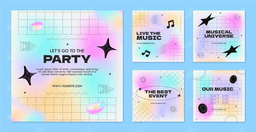 مجموعه‌ای از پست‌های اینستاگرام با گرادیانت دانه‌دار دستی