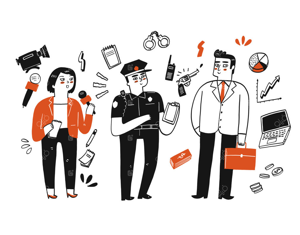 گروهی از کارگران در حال صحبت، مانند خبرنگاری که میکروفن در دست دارد یا یک پلیس