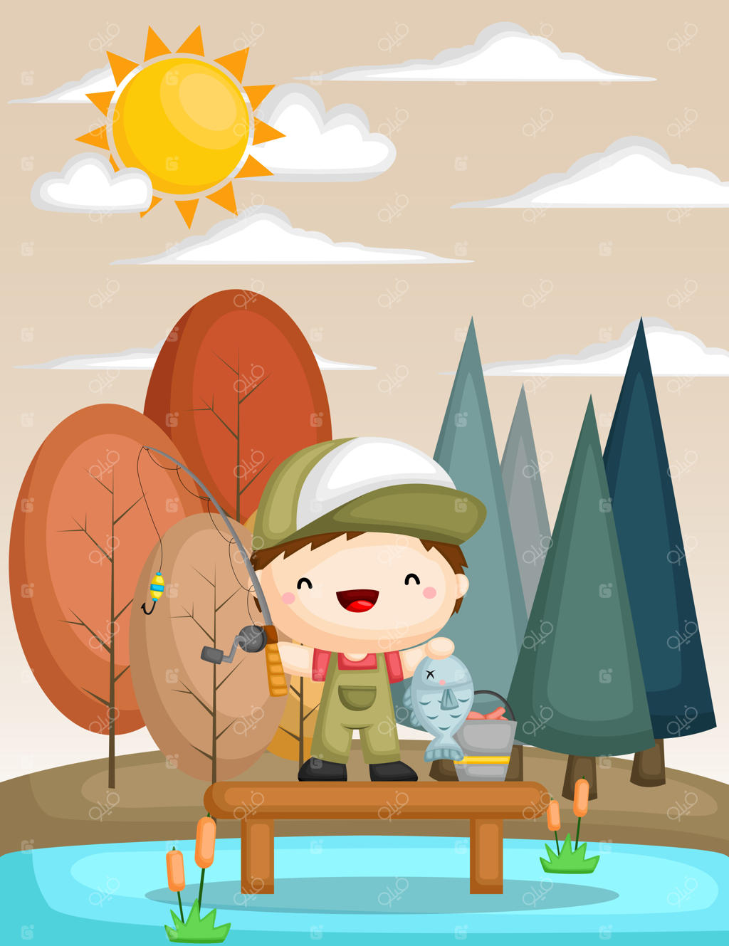 وکتور یک کودک در حال ماهی‌گیری در دریاچه در فصل پاییز