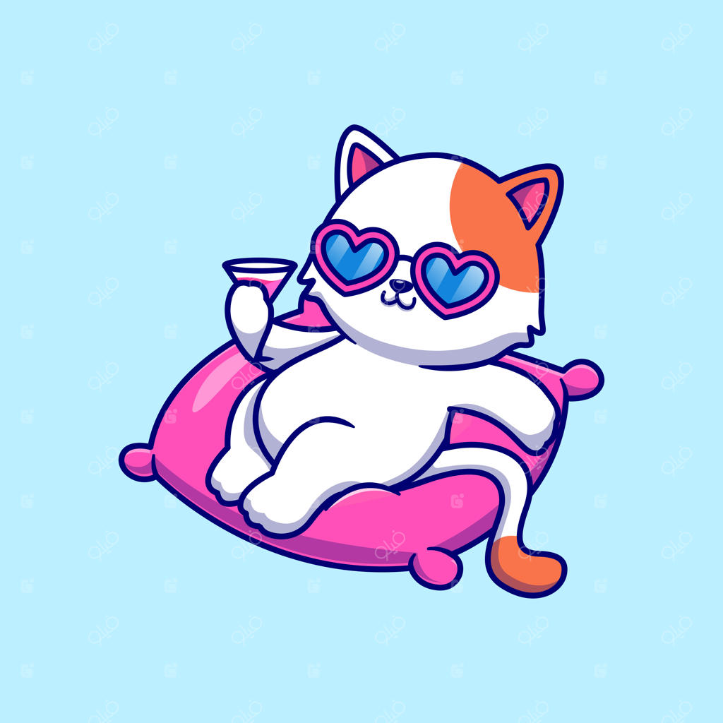 تصویر کارتونی گربه بامزه روی بالشت با آبمیوه. مفهوم تعطیلات حیوانات. سبک کارتونی ساده و جذاب.