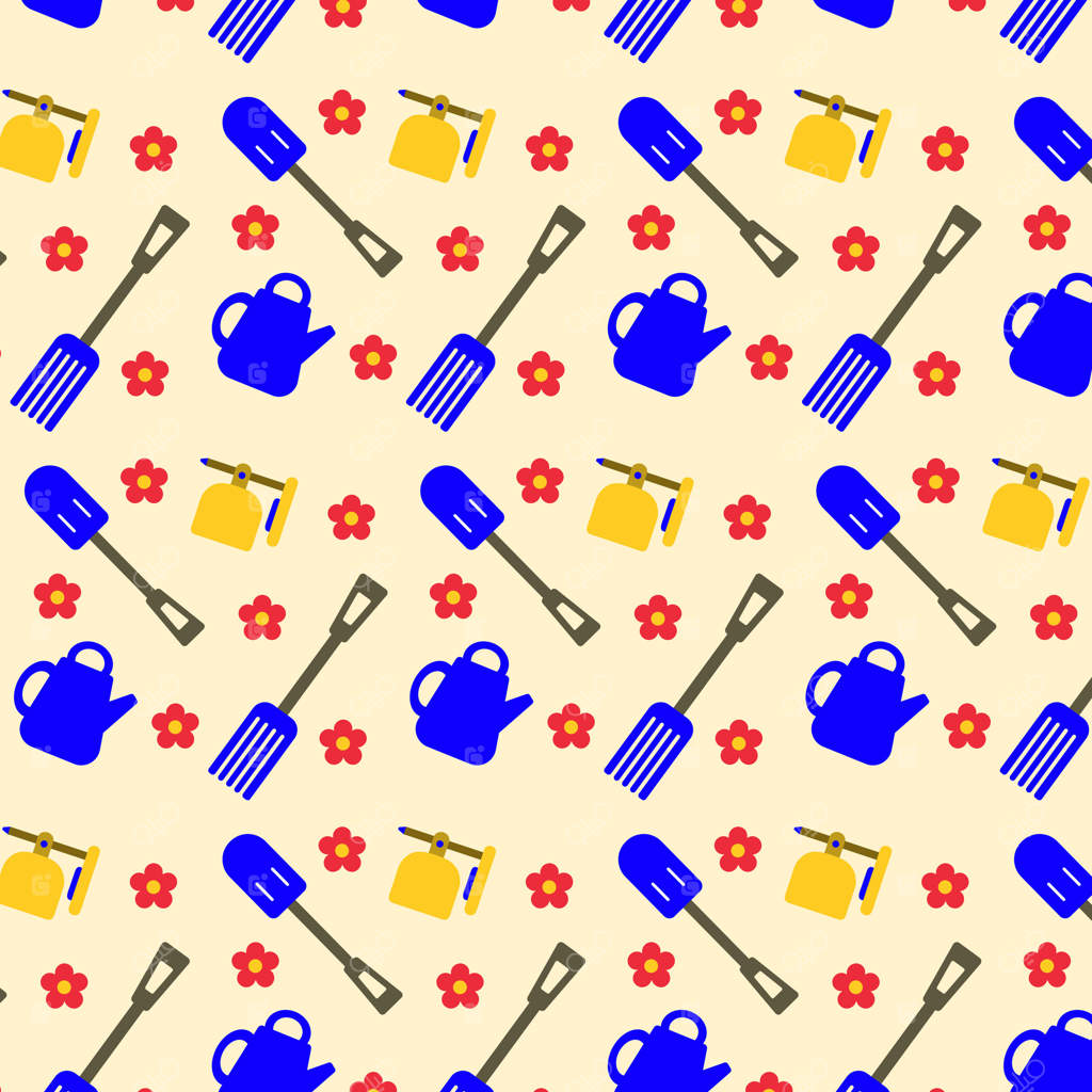 طرح یکپارچه ابزار باغبانی با گل‌های بهاری. طراحی پس‌زمینه برای پروژه‌های باغبانی، کاغذ کادو، لوازم‌التحریر با موضوع محیط زیست، دکوراسیون بهاری منزل، کاغذهای دست‌ساز و استفاده در تراش‌نگاری دیجیتال.