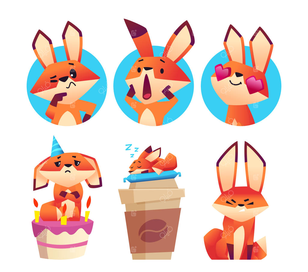 آواتار روباه‌های احساسی: روباه کارتونی بامزه که روی فنجان قهوه خوابیده، روباه متفکر و غمگین روی کیک تولد. مجموعه‌ی وکتور: روباه احساسی، کیک تولد و عشق.