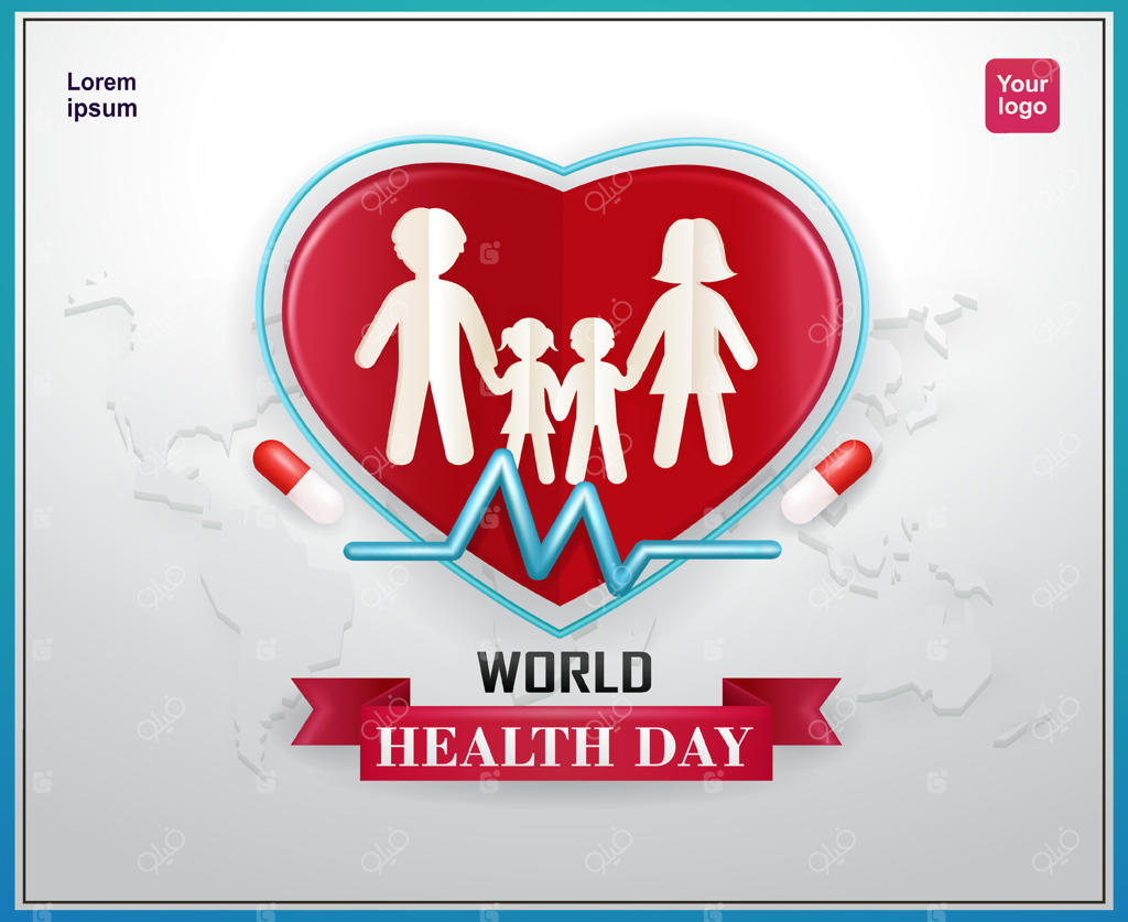 خانواده‌ای از برش‌های کاغذی که دست در دست هم در قلبی از نقشه‌ی جهان قرار گرفته‌اند. وکتور سه‌بعدی مناسب برای روز جهانی بهداشت، رویدادها، کمپین‌ها و آموزش