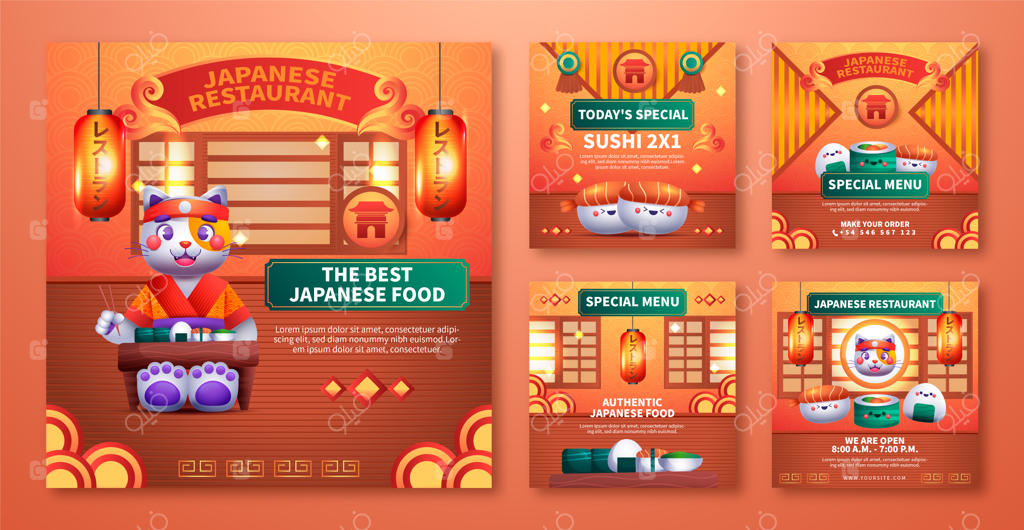 مجوعه پست‌های اینستاگرامی رستوران ژاپنی با طراحی گرادیان