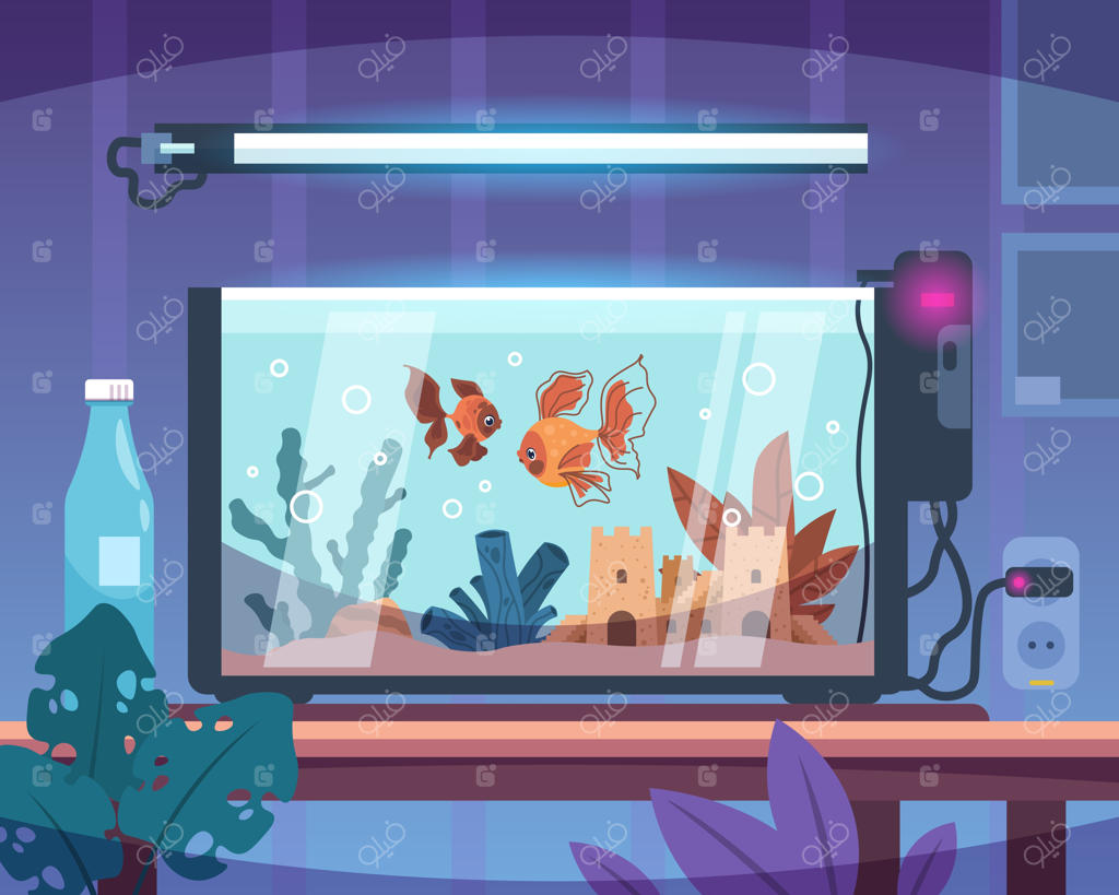 اتاق آکواریوم کارتونی: تانک شیشه‌ای با آب و شن روی میز، زیستگاه ماهی‌های قرمز و جلبک‌ها در آکواریوم مدرن همراه با پمپ هوا، مراقبت از حیوانات خانگی به صورت وکتور