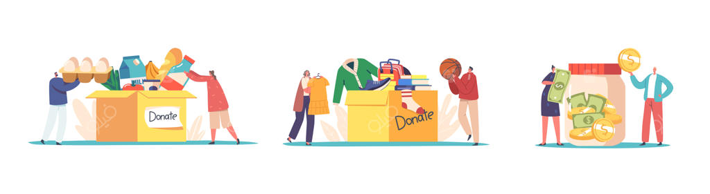 قرار دادن آدمک‌های کوچک در حال پر کردن جعبه مقوایی با لباس، غذا و پول برای کمک به افراد فقیر در پناهگاه‌ها و حمایت از اهداء