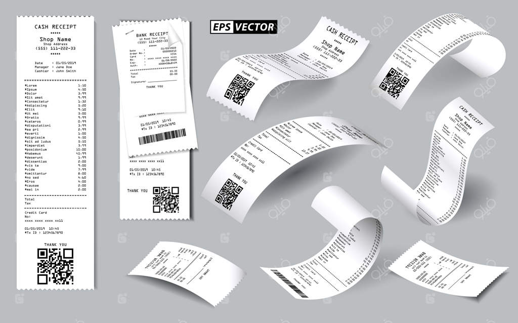 مجموعه فاکتورهای واقعی فروش یا رسید نقدی چاپ شده بر روی کاغذ سفید