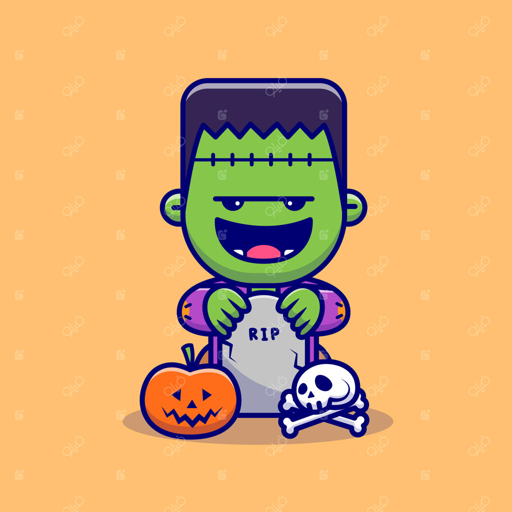 زامبی بامزه با سنگ قبرها، جمجمه‌ها، و کدوتنبل‌های هالووین