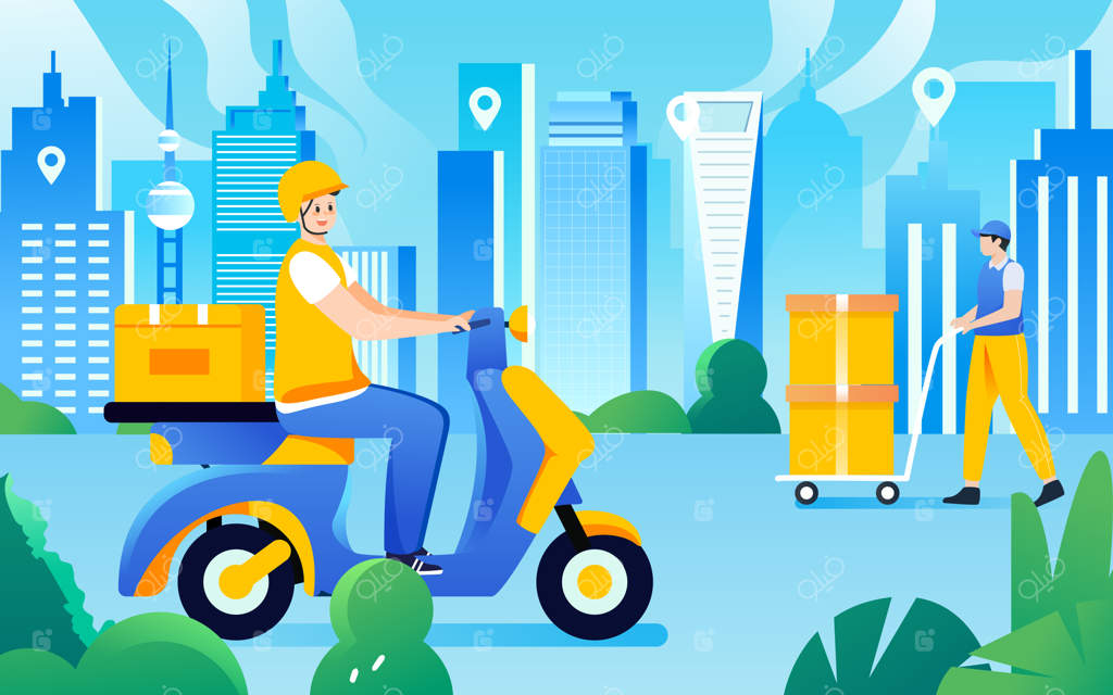 پیک موتوری در حال تحویل همراه با گیاهان و ساختمان‌های پس‌زمینه وکتوری