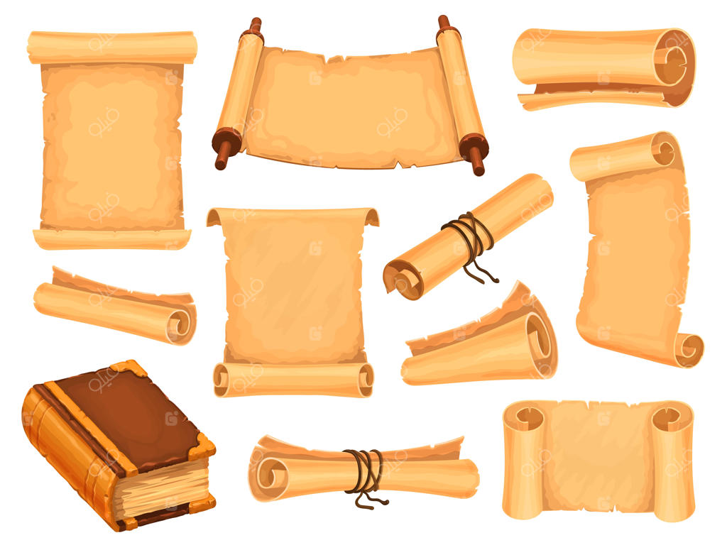 کاغذ پوستی کارتونی و کتاب جادویی برای بازی فانتزی: طومارهای جادوگر باستانی، پاپیروس‌های کهن، نقشه‌های گنج قرون وسطایی و مجموعه‌ای از نامه‌ها. اسناد مذهبی و گواهی‌نامه‌های تاریخی