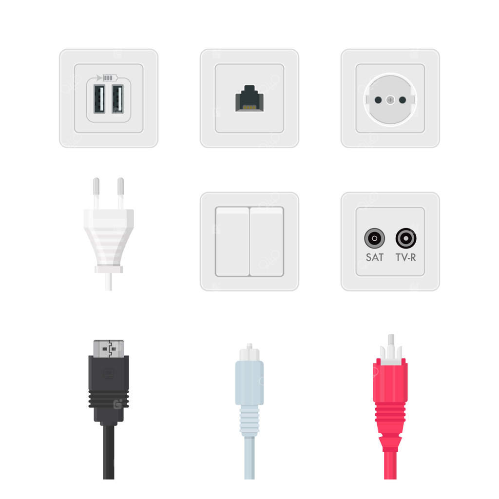 مجموعه‌ی پریزهای برق و کابل‌های نوری، کانکتورهای USB، HDMI، اینترنت و شبکه اترنت ویدئو و صدا