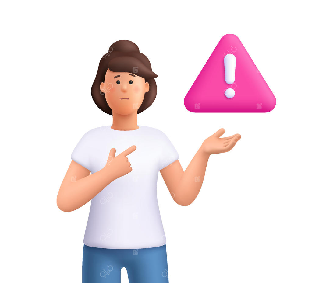 زن نگران جین به یک علامت هشدار صورتی اشاره می‌کند، مثلثی با علامت تعجب. مفهوم احتیاط، هشدار و توجه. شخصیت سه‌بعدی. سبک کارتونی و مینیمال.