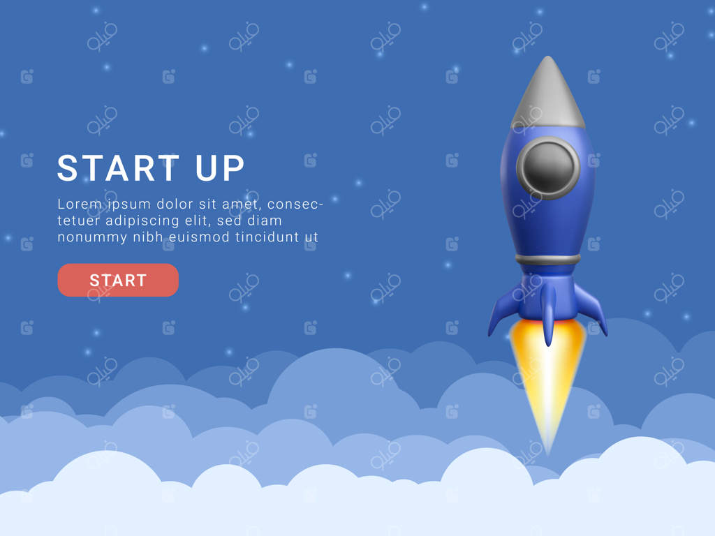 طرح اولیه برای صفحه استارتاپ: تصویر سه‌بعدی موشک در حال پرواز به فضا، برداشتی از وکتور