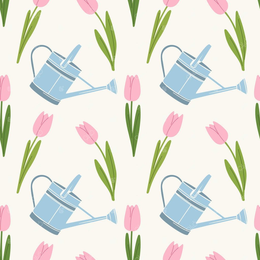 کار در باغ بهاری و باغ سبزیجات، کاشت و آبیاری. حال و هوای بهار. پترن با آبپاش باغ و گل لاله صورتی.