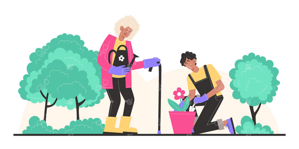 کاشت و آبیاری گل‌ها در گلدان‌ها توسط مادربزرگ و نوه در باغچه