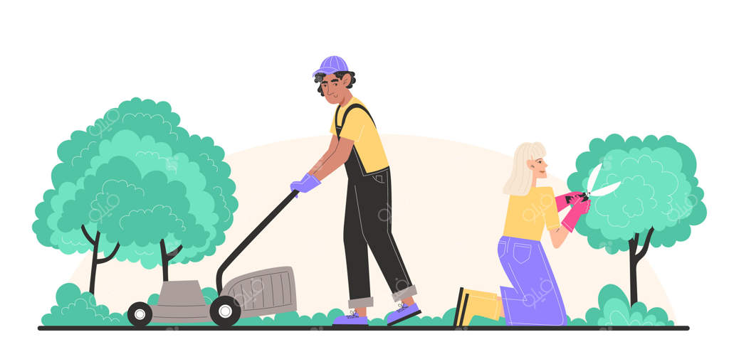 مرد جوانی با ماشین چمن‌زن چمن‌ها را می‌زند و زن مسنی در باغچه بوته‌ها را هرس می‌کند