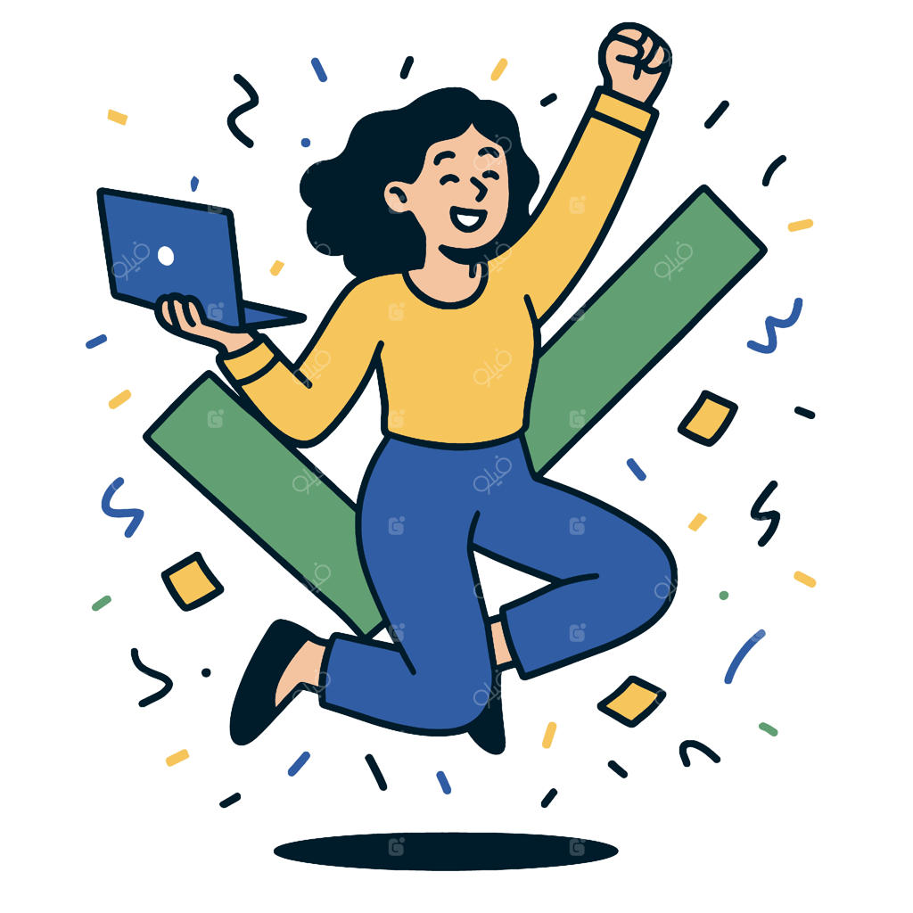 زن در حال پرش و جشن گرفتن موفقیت با لپ‌تاپ