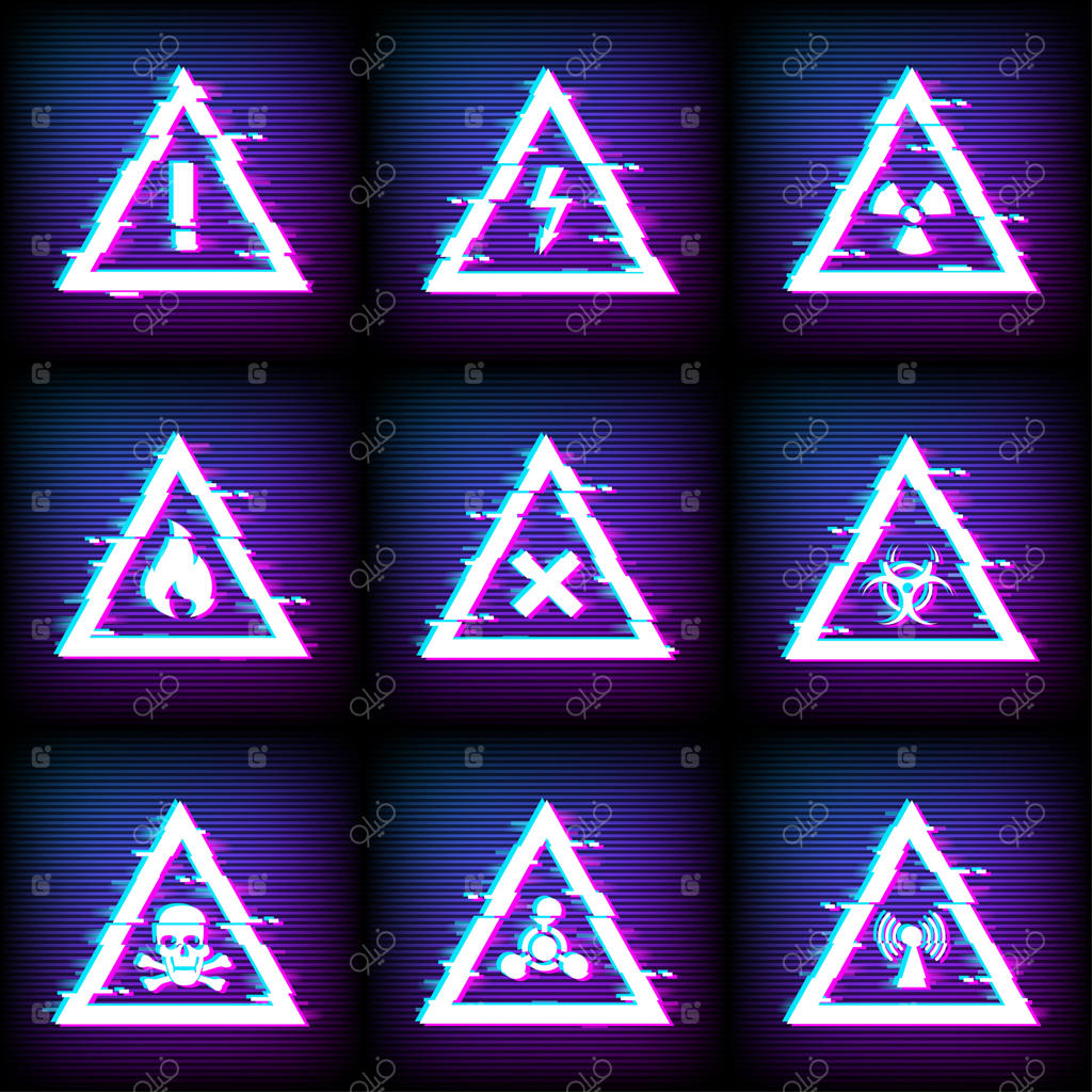 علائم هشدار و خطر با افکت گلیچ روی صفحه نمایش