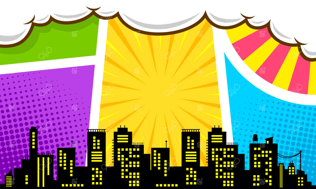 پس‌زمینه صفحه کمیک رنگارنگ با نمای سیلوئت شهر