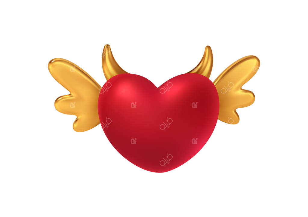 قلب براق قرمز با بال‌ها و شاخ‌های طلایی.
