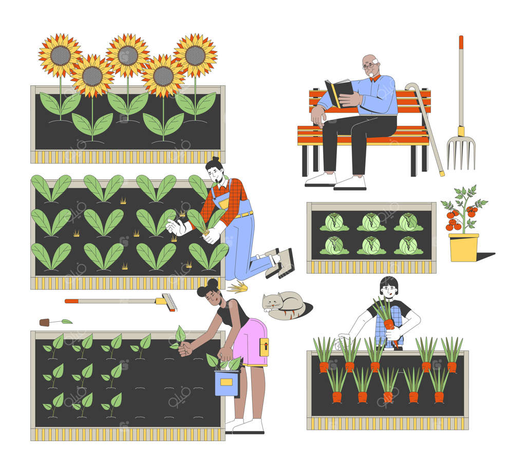 نگهداری از باغچه‌های شهری: تصویرسازی دو‌بعدی. زندگی پایدار و پرماکالچر. داوطلبان در حال کاشت، وجین و برداشت. شخصیت‌های کارتونی رنگارنگ روی زمینه سفید.