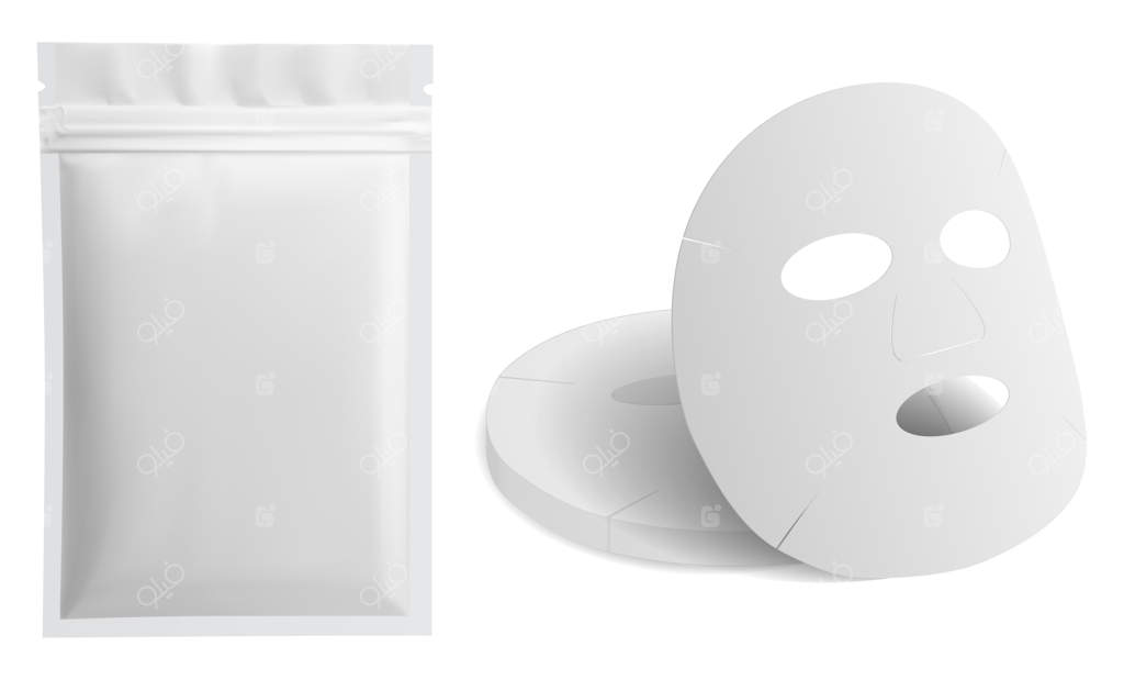 طراحی بسته‌بندی برداری برای ماسک صورت. نمونه موکاپ خالی از ساشه ماسک کلاژن