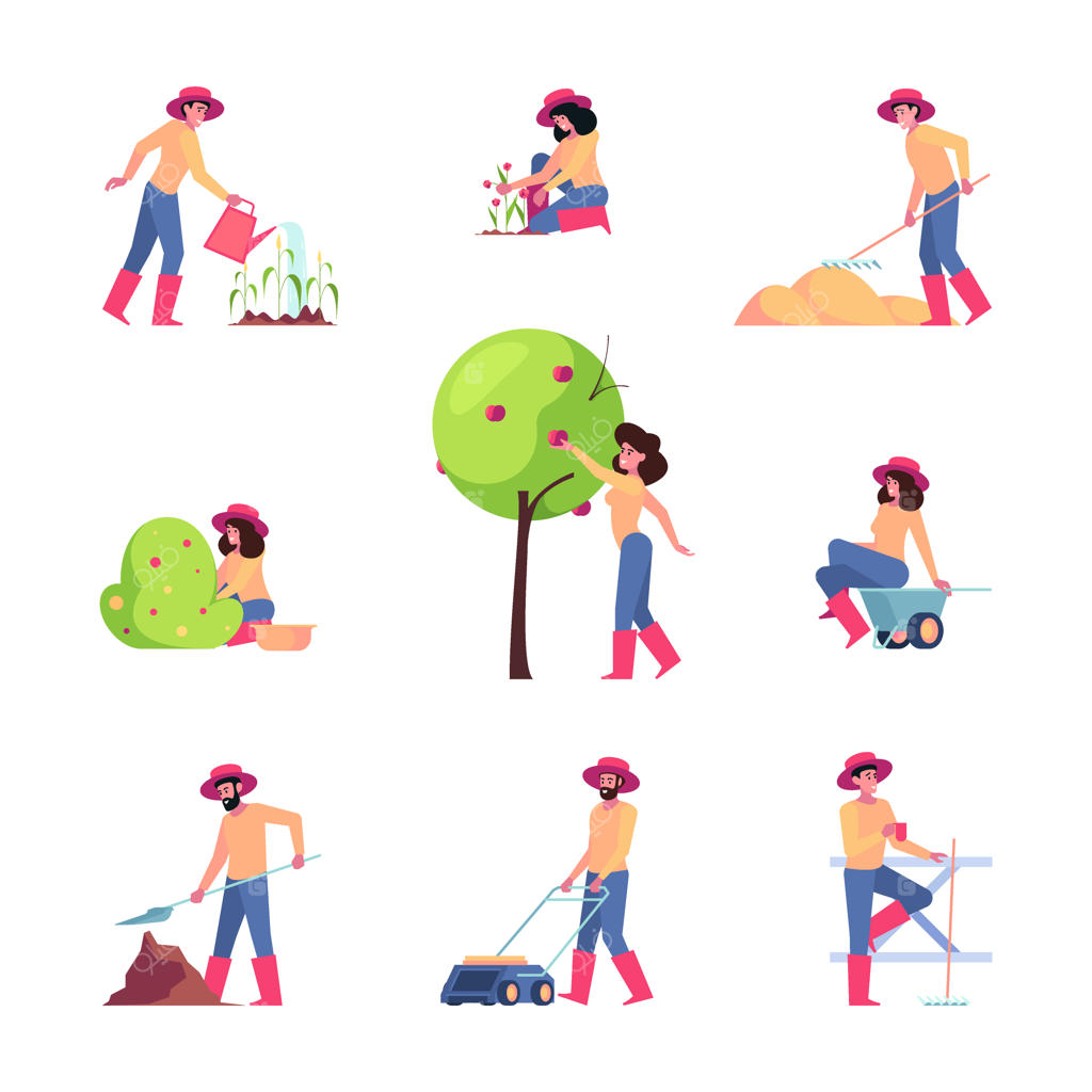 کشاورزان در حال آبیاری گیاهان و انجام فعالیت‌های بیرونی - تصاویر برداری رنگارنگ و تخت