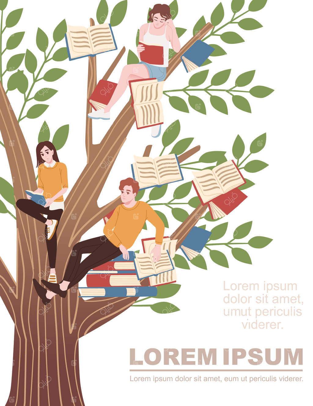 مفهوم آموزش: رشد کتاب‌ها روی درخت و افراد مشغول به مطالعه - طرح شخصیت کارتونی با تصویرسازی وکتور در زمینه سفید