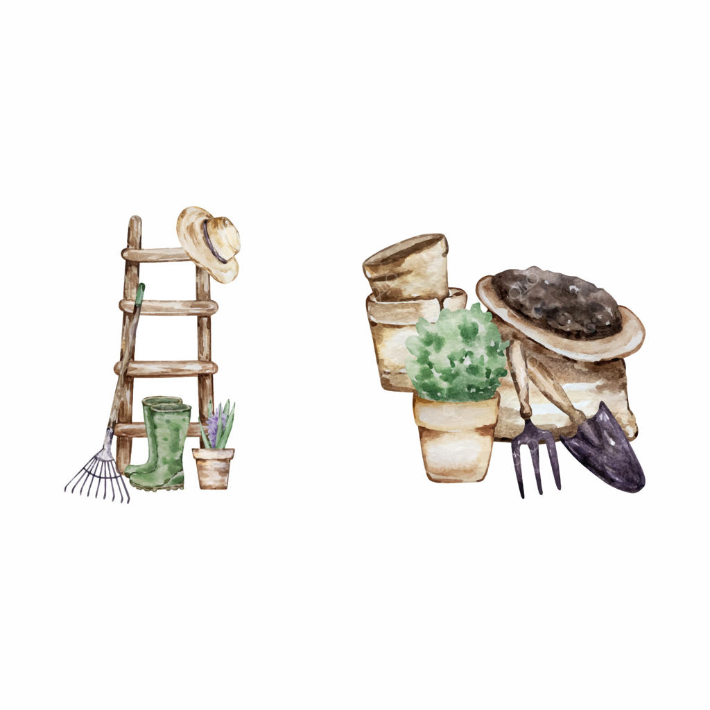 مجموعه تصاویر باغ آبرنگی با ابزارهای باغبانی