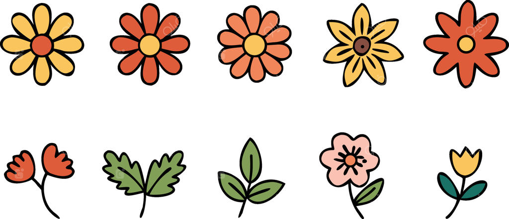 مجموعه‌ای از طرح‌های دست‌کشیده گل‌ها و برگ‌ها به سبک رترو با رنگ‌های نارنجی، زرد و صورتی.