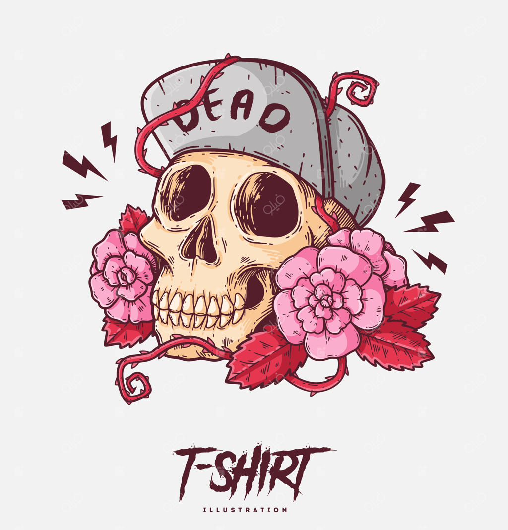 طرح جمجمه و گل‌های رز برای طراحی تیشرت و تصویرسازی