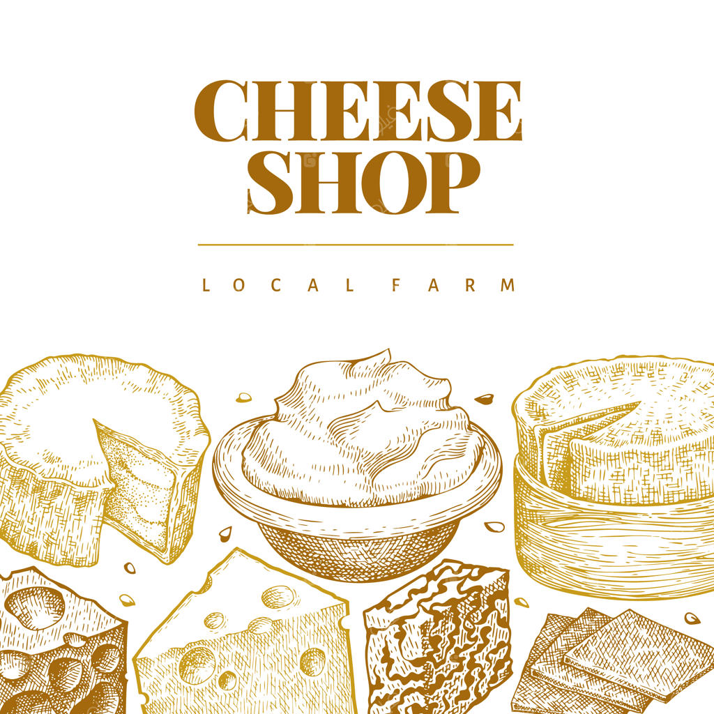 قالب پنیر. تصویرسازی لبنیات با دست. بنر انواع مختلف پنیر به سبک حکاکی. پس‌زمینه غذایی کلاسیک.