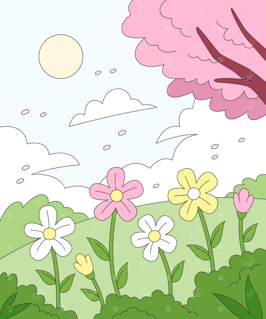 باغ شکوفا در شکوفه: تصویری شاد از باغی پر رونق که گل‌های رنگارنگ آن زیر آفتاب درخشان و آسمان صاف قد علم کرده‌اند.