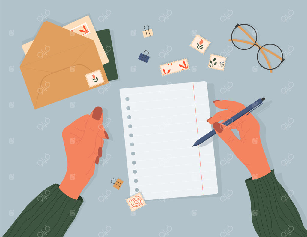 نامه، پاکت و تمبر روی میز برای پست، برنامه‌ریزی و نامه‌های عاشقانه