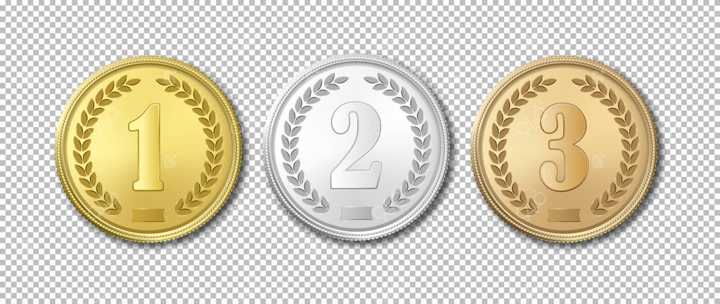 مجموعه آیکون مدال‌های جایزه طلا، نقره و برنز واقعی و شفاف.
