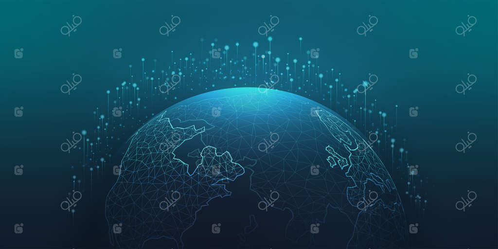 اتصال شبکه جهانی: نقشه جهان، نقاط و خطوط، نمایانگر فناوری جهانی.