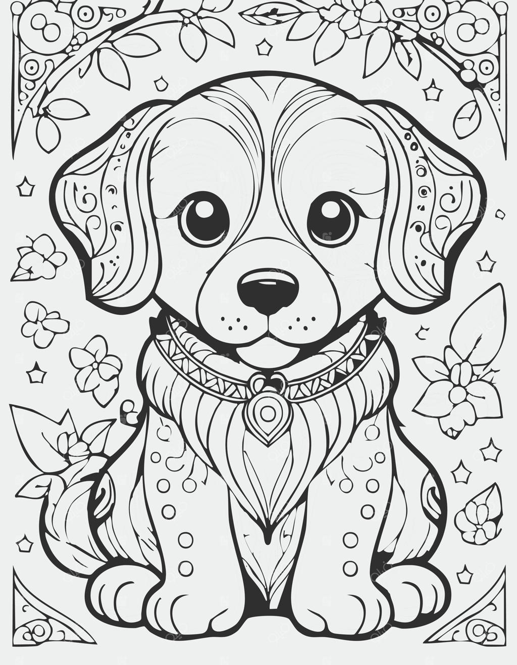 کتاب رنگ‌آمیزی بچه‌ها با تصاویر توله‌سگ‌های بامزه. نمونه‌های سیاه‌سفید و رنگی