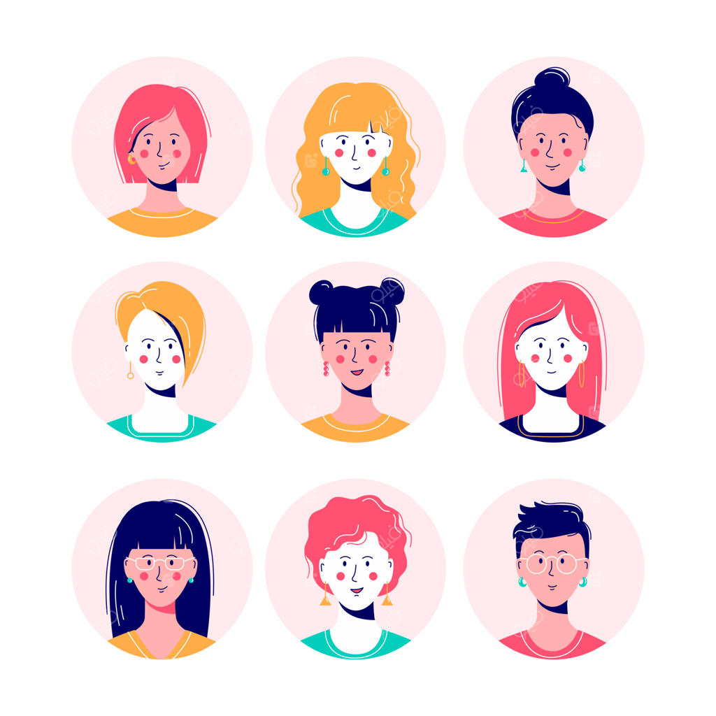 تصویرسازی وکتور مجموعه آواتار زنان؛ پرتره دختران جوان و زیبا با مدل موهای متنوع در پس‌زمینه سفید