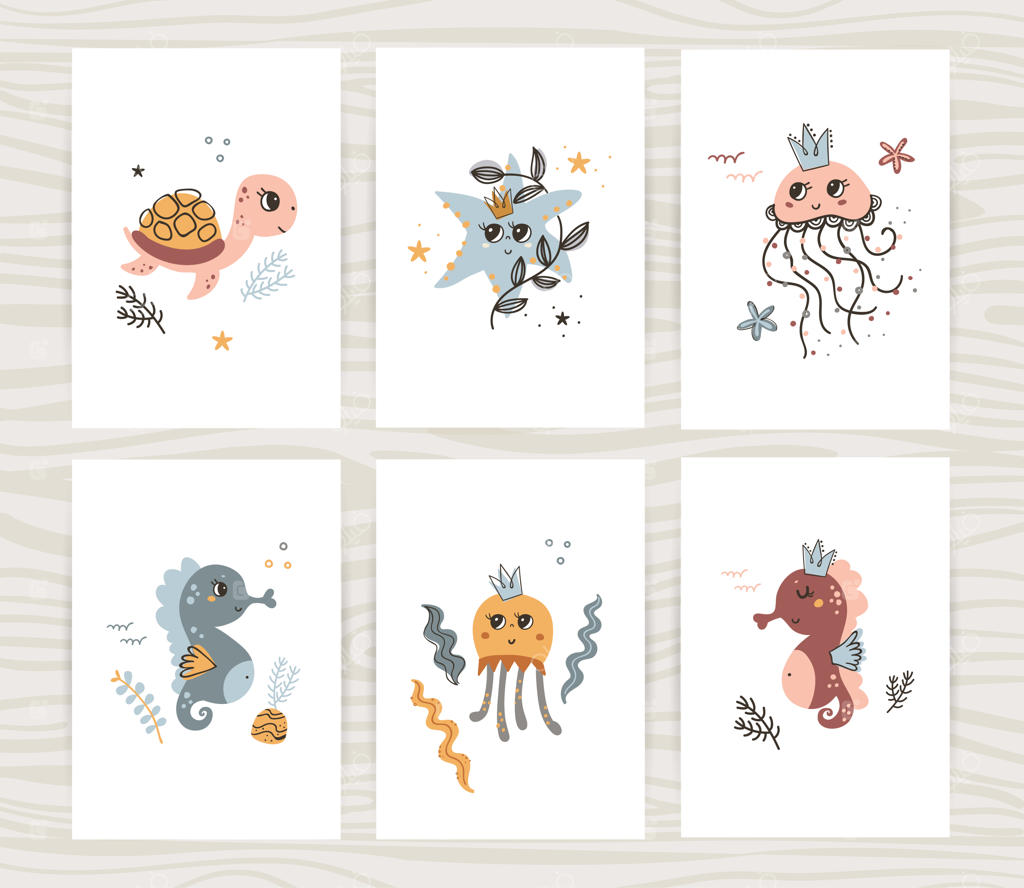 مجموعه پوسترهای زیبا با لاک‌پشت، عروس دریایی و اسب دریایی.