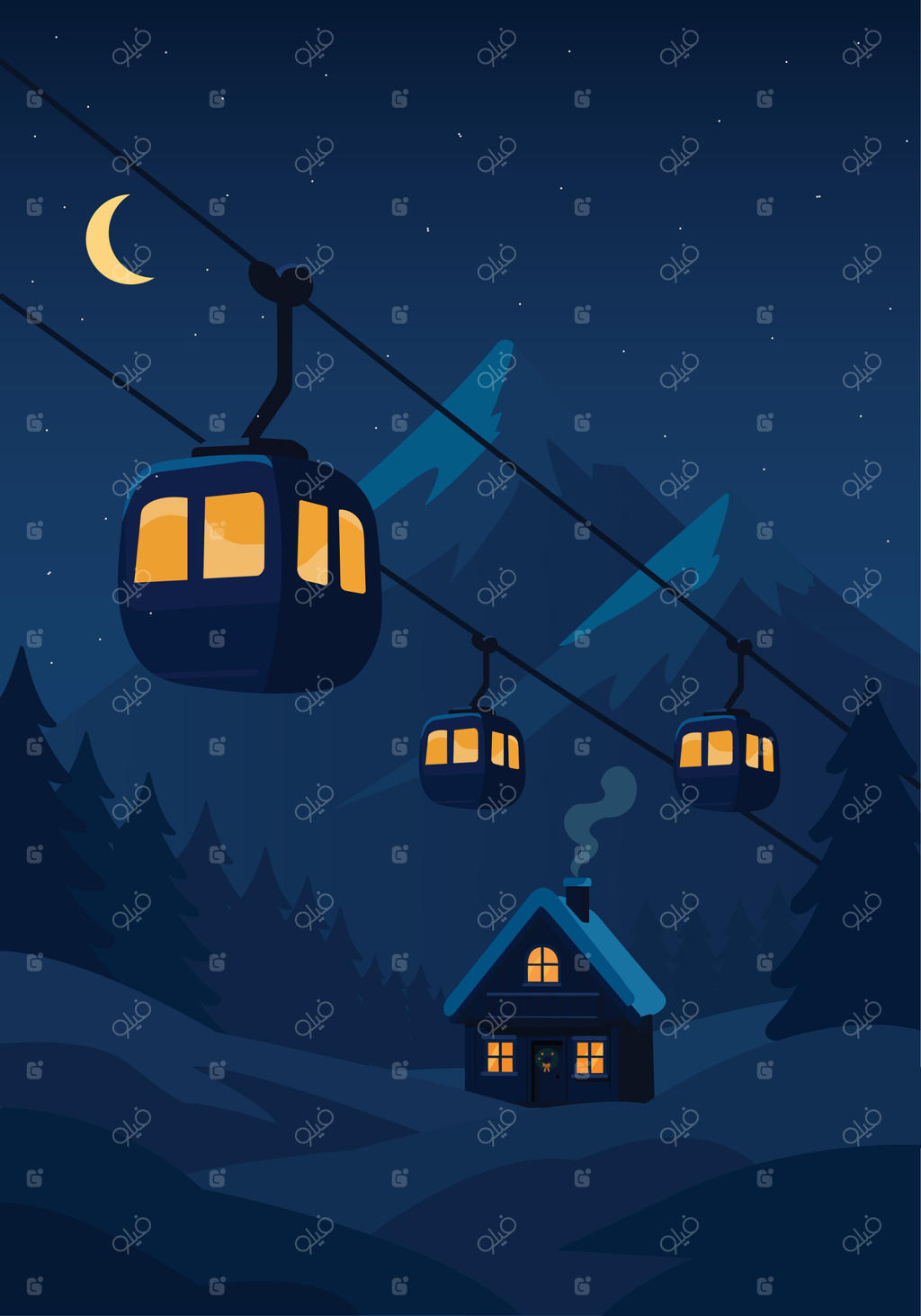 شب زمستانی، منظره زمستانی، کوهستان برفی و تله‌سیژ