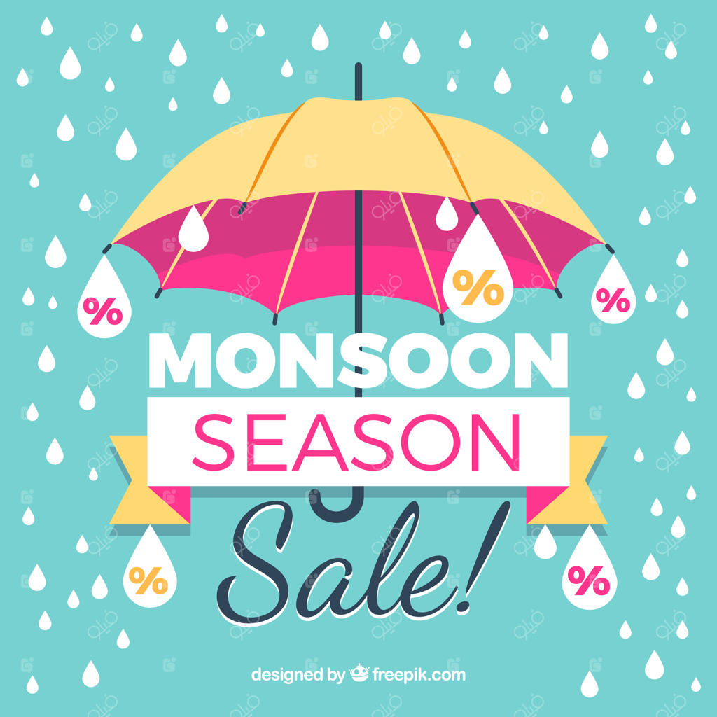 پس‌زمینه‌ فروش باران‌های موسمی قدیمی با چتر و قطرات باران