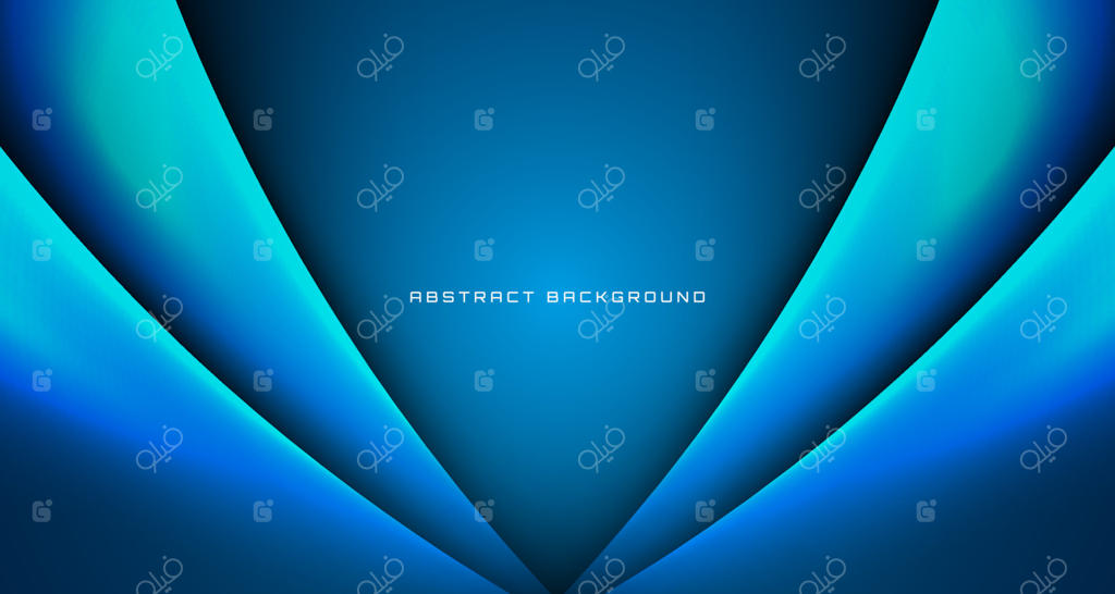 پس‌زمینه انتزاعی سه‌بعدی آبی تکنو با لایه‌های تودرتو در فضای تاریک و تزئینات منحنی‌های نورانی. مفهومی برای طراحی گرافیکی در سبک برش‌خورده مناسب برای بنر، بروشور، کارت یا صفحه فرود