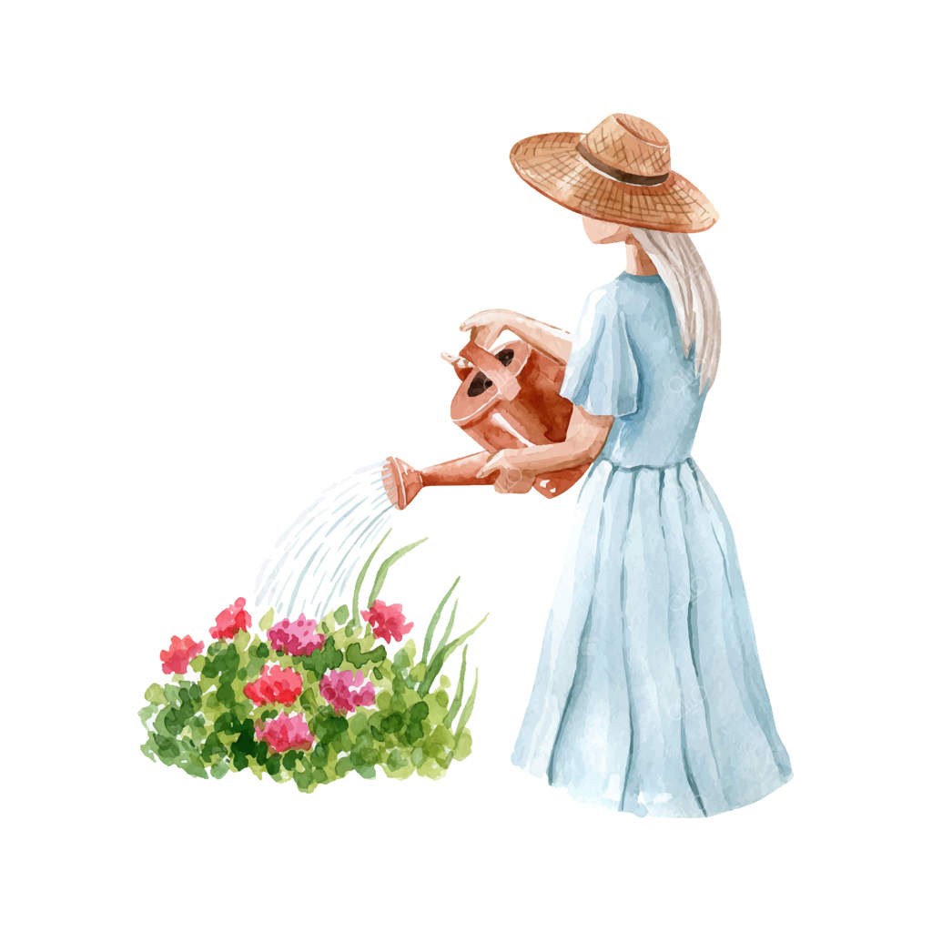 زن جوان بلوند با پیراهن آبی و کلاه حصیری در حال آبیاری گل‌ها در باغ، تصویر وکتور