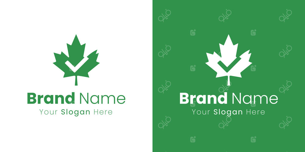 طراحی لوگوی هویت برند با نماد برگ افرا سبز و علامت تیک
