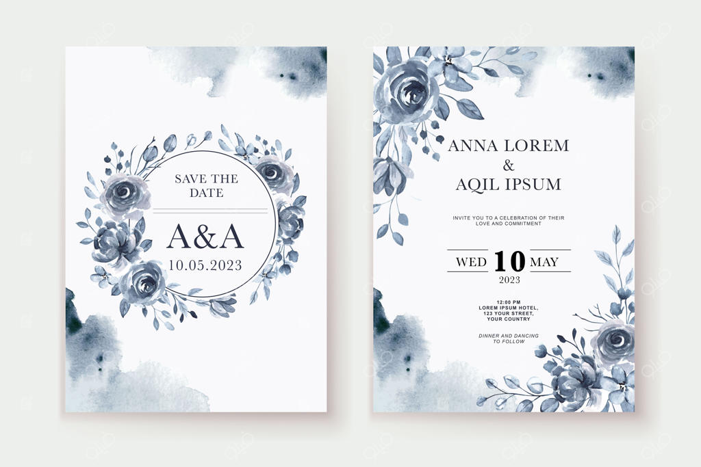 قالب کارت دعوت عروسی با طرح آبرنگی گل نیلی