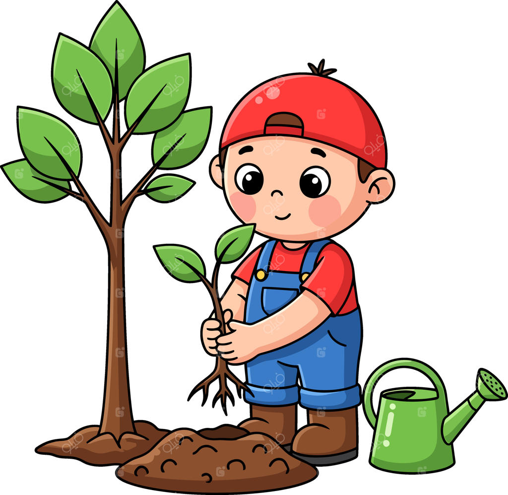 کودک کارتونی بامزه در حال کاشت دقیق نهال کوچک؛ نماد مسئولیت زیست‌محیطی، رشد و دوستی با طبیعت